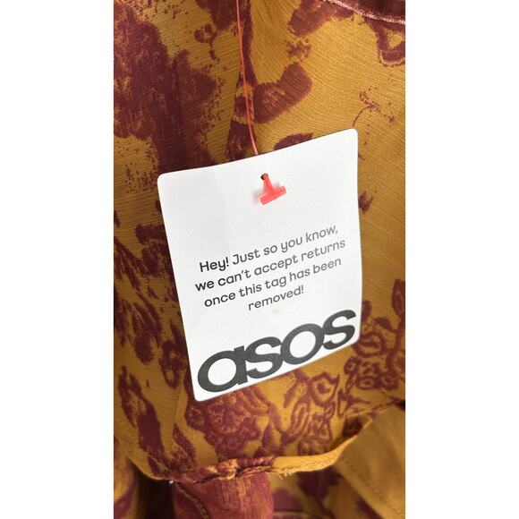 ASOS Ruched Bust Long Sleeve Maxi Dress Womens Size 14 Orange Abstract New - Picture 12 of 16